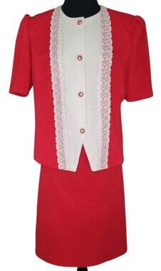 VTG 80s Pablo Collection Skirt Suit Set Women 2-PC Red Lace Collar Boss Babe 14P